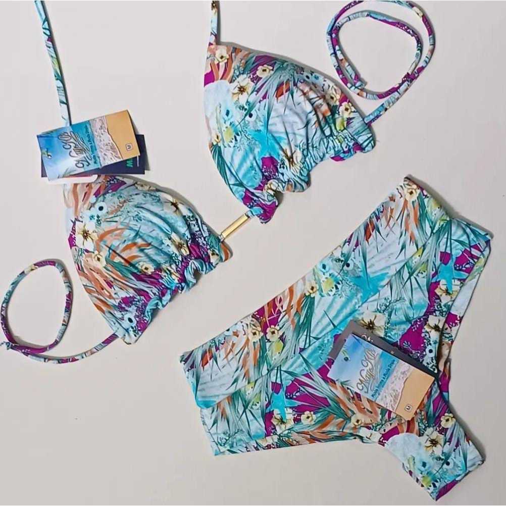 Conjunto Bíquini Cós alto Cortininha Calcinha Fio Duplo Hot pants