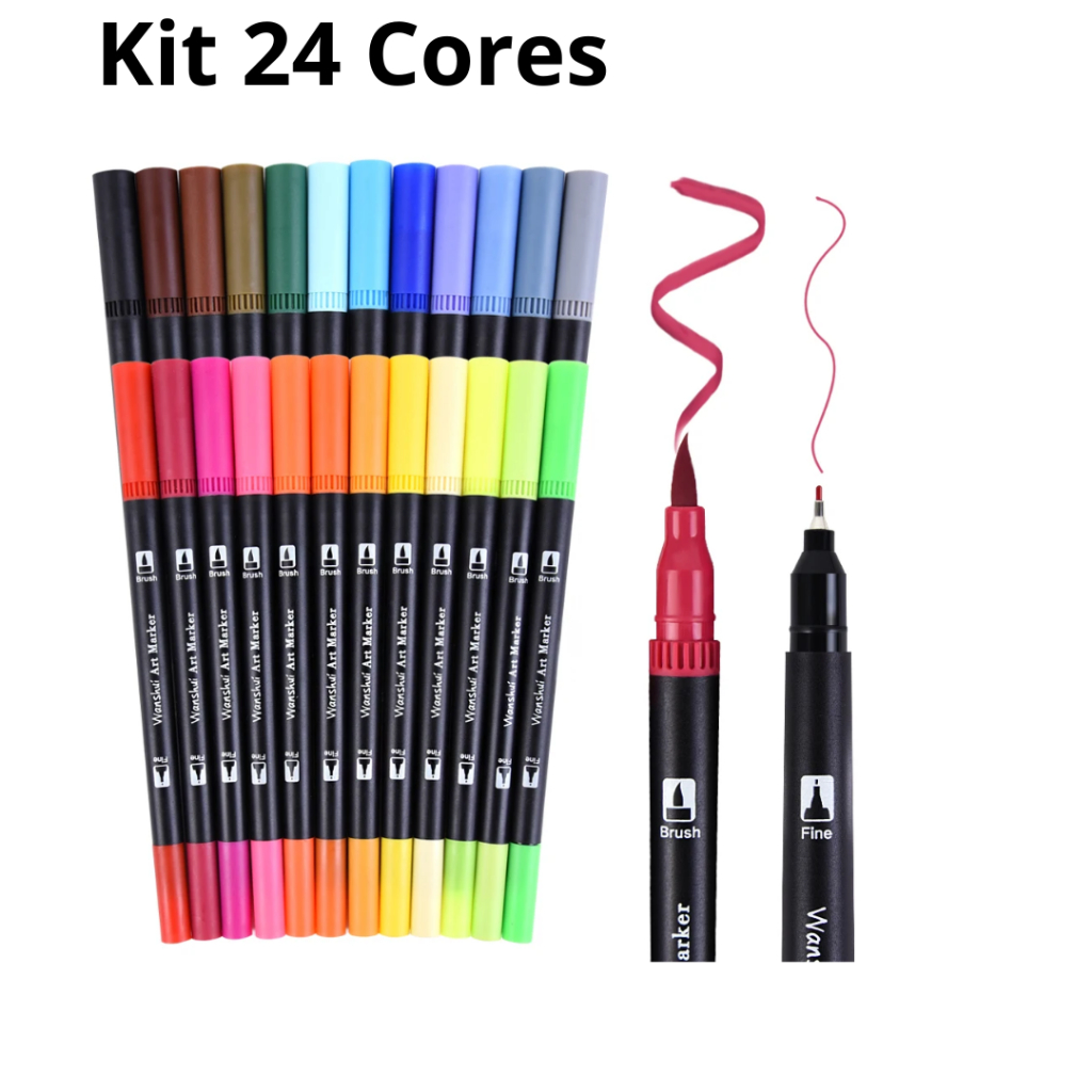 Caneta Brush Pen Kit 24 Ou 12 Cores Ponta Dupla Pincel Estilo