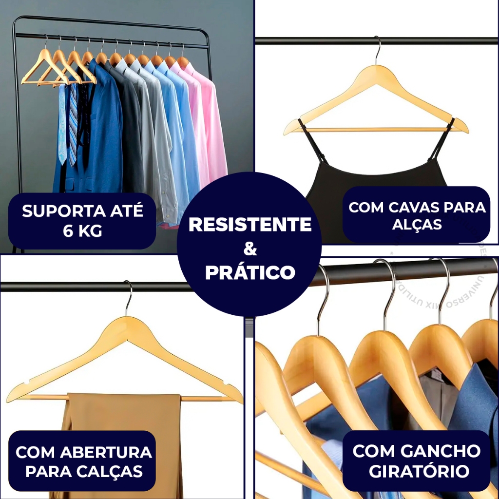 Kit Cabides De Madeira Premium Marfim Para Roupas Cal A Gancho