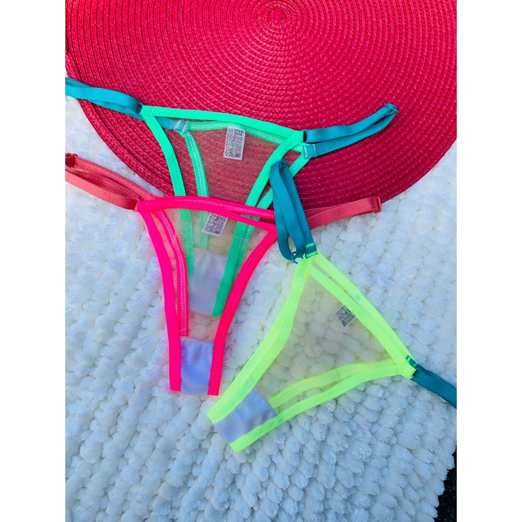 Kit Calcinha Tanga Tule Neon Fio Regulagem Lingerie Moda Ntima