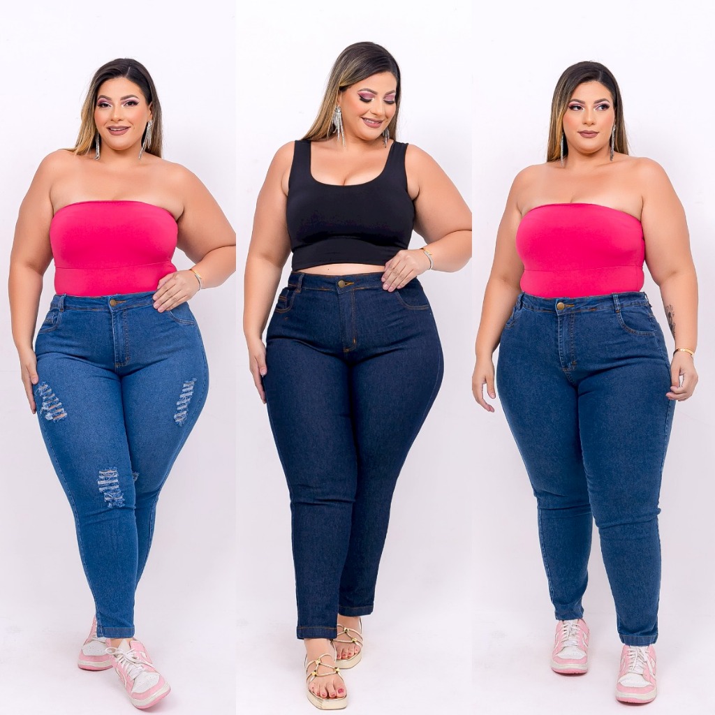 Kit Cal As Femininas Jeans Plus Size Lycra Cintura Alta Levanta