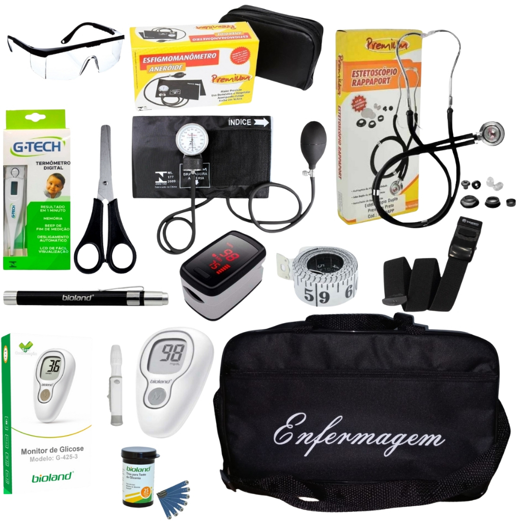 Kit De Enfermagem Preto Premium Oxímetro E Glicossímetro Completo