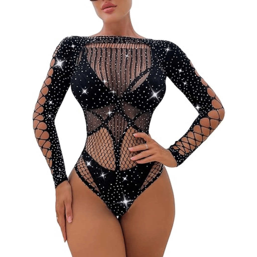 Body Arrastao Manga Longa Sensual Lingerie De Meia Strass Shopee
