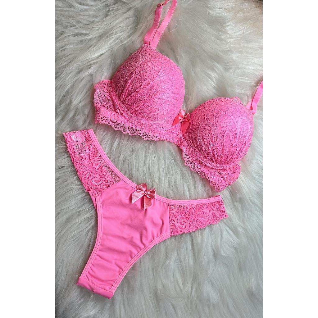 Conjunto Feminino Lingerie Rosa Pink Bojo Aro Fio Duplo De Microfibra Renda Luxo Sensual