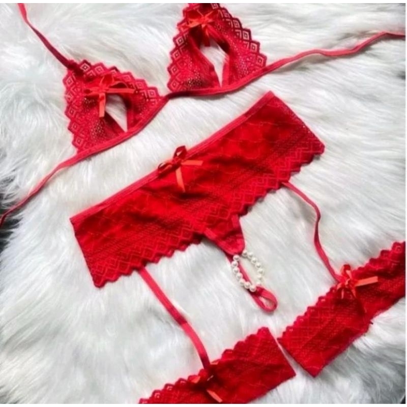 Conjunto Lingerie sexy em Renda Perneiras e PérolasCalcinha