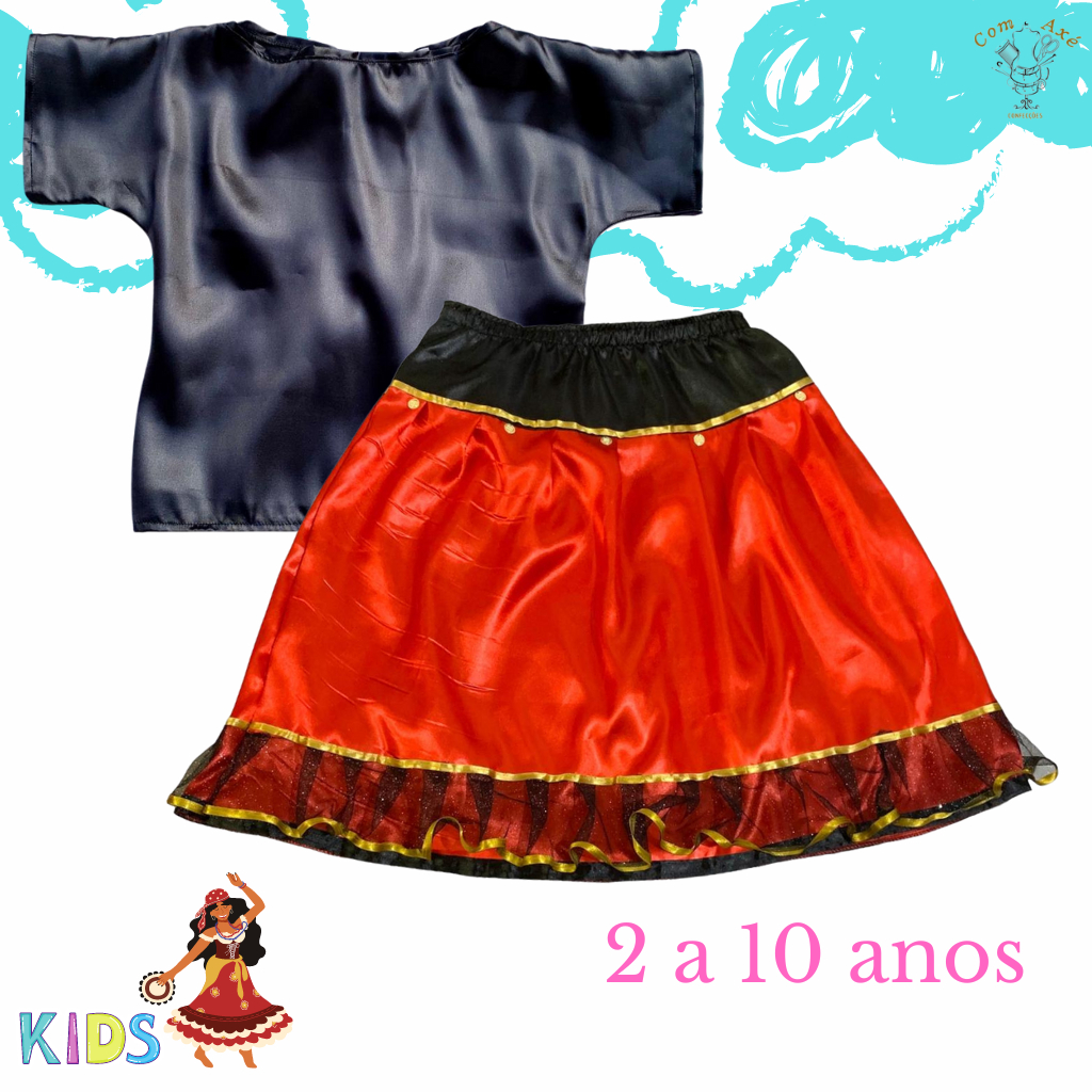 Conjunto Saia E Bata Infantil Pomba Gira Cigana Luxo Cetim Ou Oxford