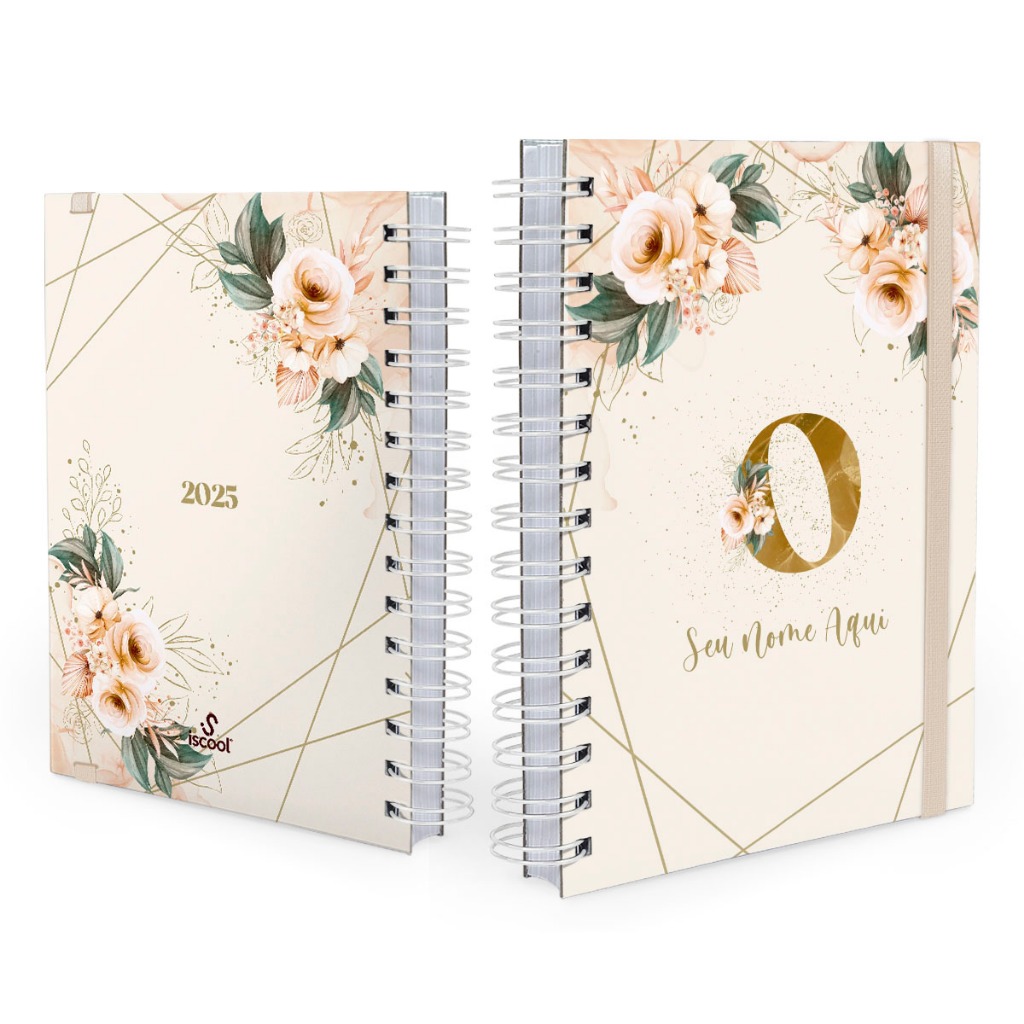 Agenda Plus 2025 Personalizada Monograma Floral Nude E Dourado Letra