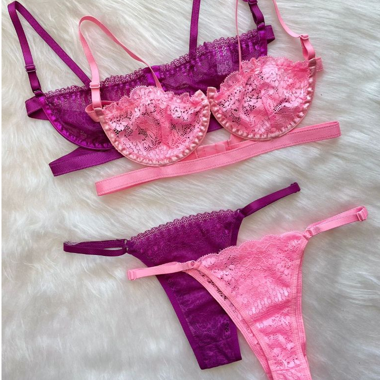 Kit Conjunto Sutiã e Calcinha Sensual Lingerie Gringa Em Renda