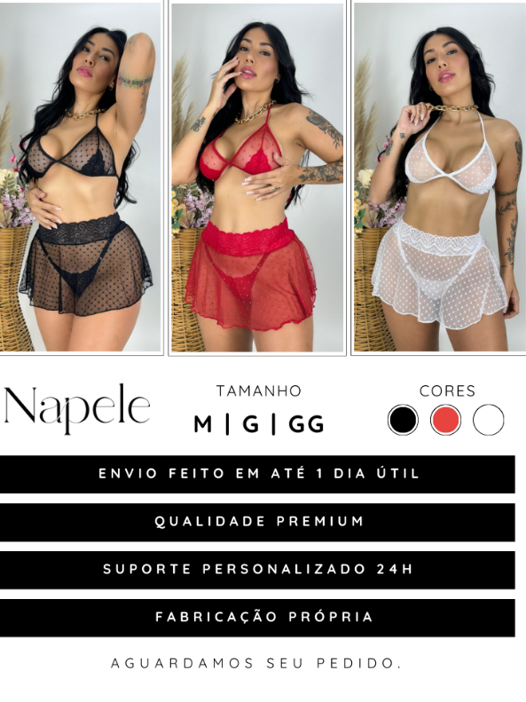 Conjunto Sexy Lingerie Feminino Sensual Fantasia Trio Saia Tule Sutiã