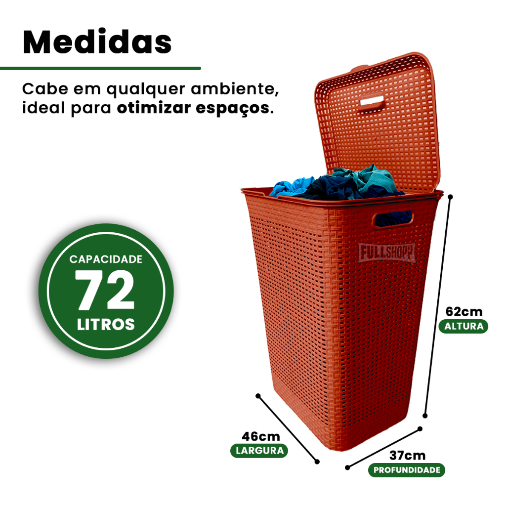 Cesto Para Roupa Suja Retangular 72 Litros Rattan Tampa Multiuso