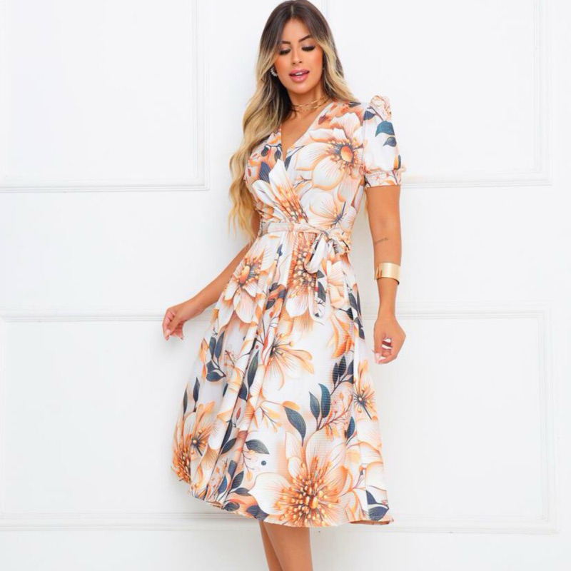 Vestido Gode Rodado Feminino Manga Princesa Midi Estampado Floral