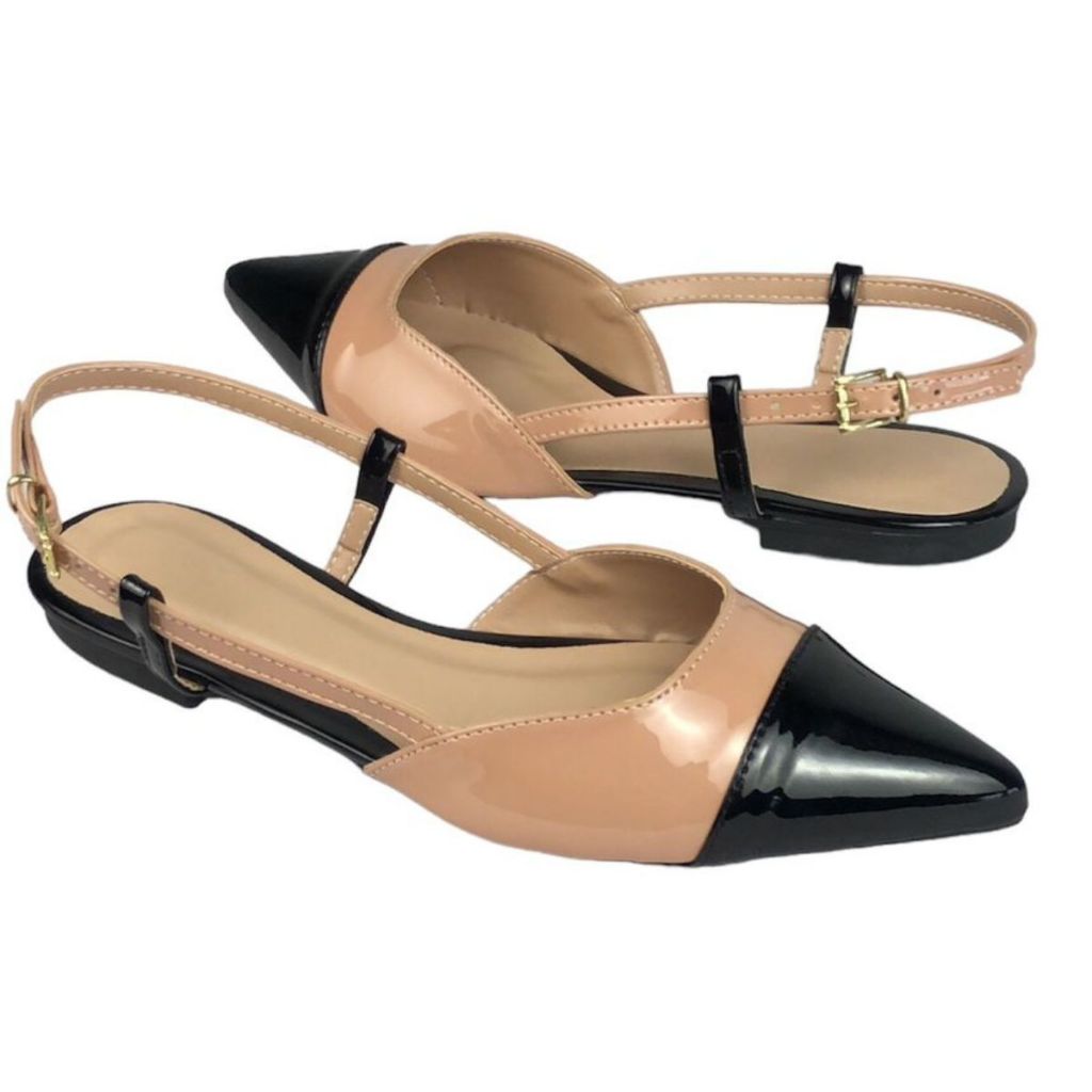 Sapatilha Feminina Slingback Bico Fino Bicolor Verniz Preto Nude