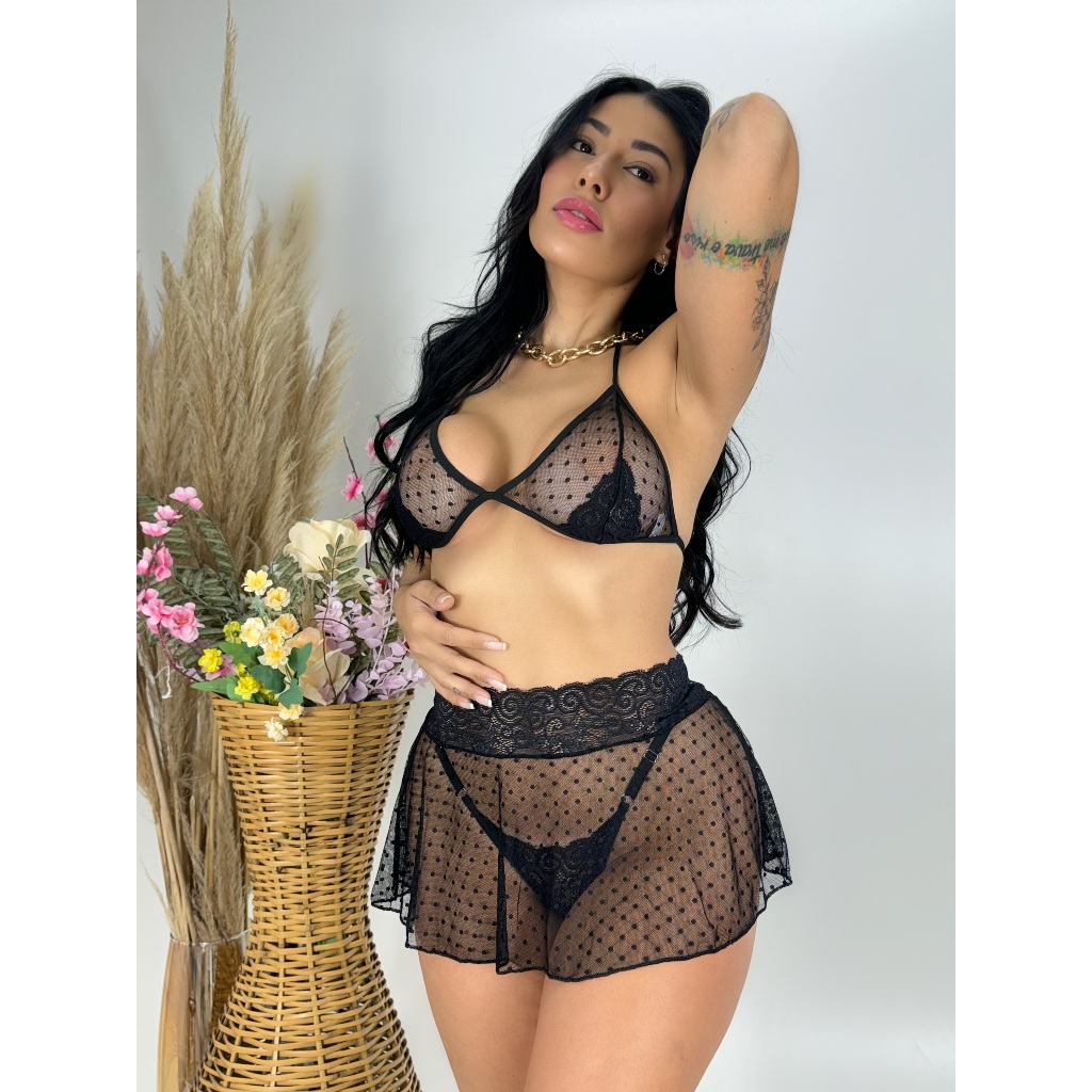 Conjunto Lingerie Tule Sexy Saia Feminino Sensual Calcinha e Sutiã Fio