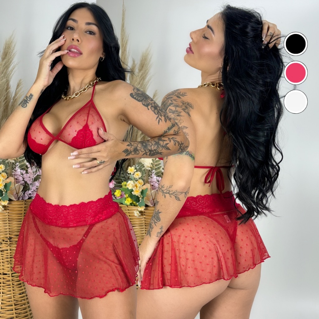 Conjunto Lingerie Tule Sexy Saia Feminino Sensual Calcinha e Sutiã Fio