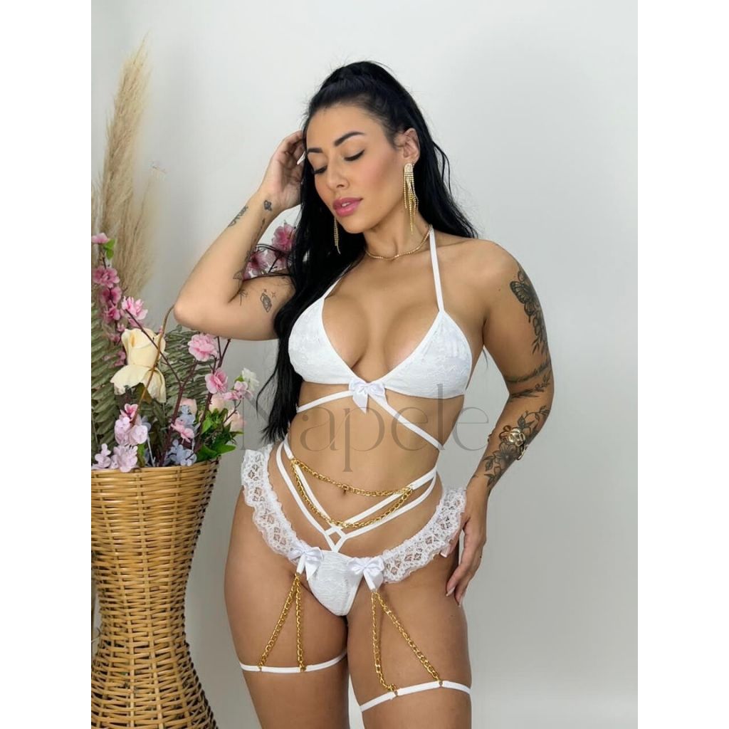 Conjunto Lingerie Feminino Correntes Sexy Cinta Liga Sensual