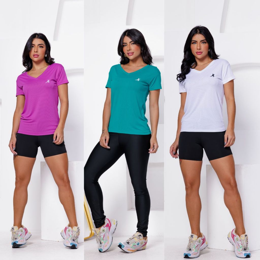 Camiseta Feminina Dry Fit Moda Fitness Caminhada Corridas Gola V