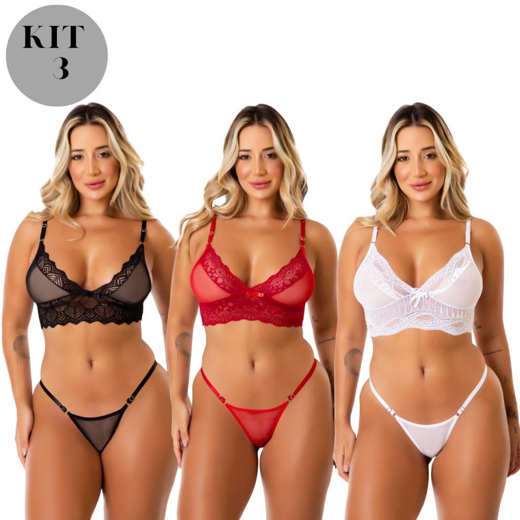 Kit Conjuntos Lingerie Sexy Tule Renda E Regulagem Lateral