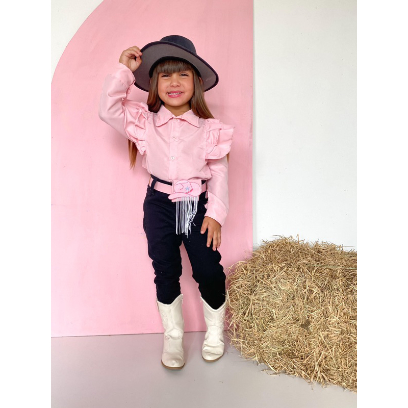 Comjunto Infantil Boiadeira Ana Castela Rosa Roupa Country Rodeio