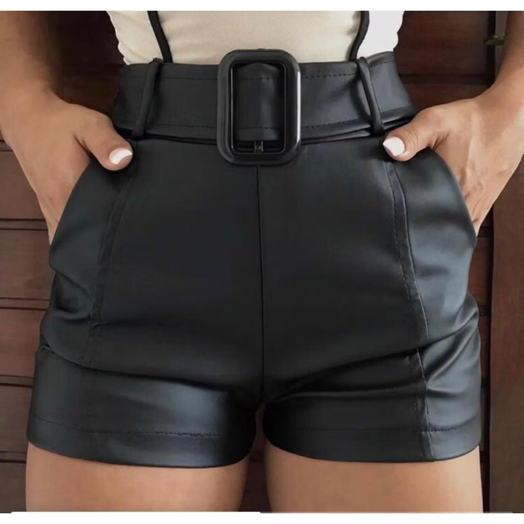 Short Cirre Couro Fake Cinto Feminino Moda Blogueira Preto