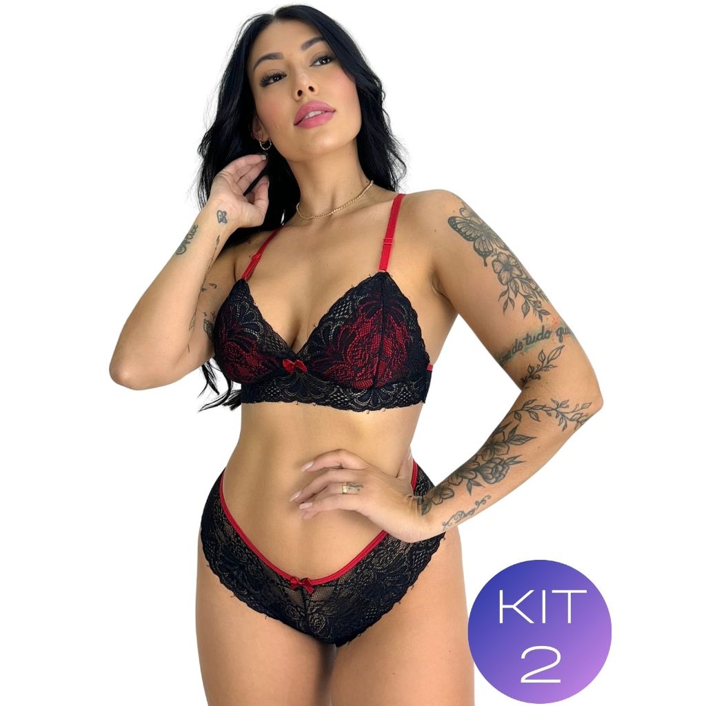 Kit 2 Conjunto Renda Bicolor Lingerie Sensual Confortável Sem Bojo