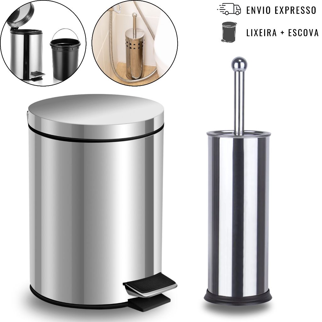 Kit Lixeira Inox Escova Sanit Ria Inox Cesto Remov Vel E Pedal