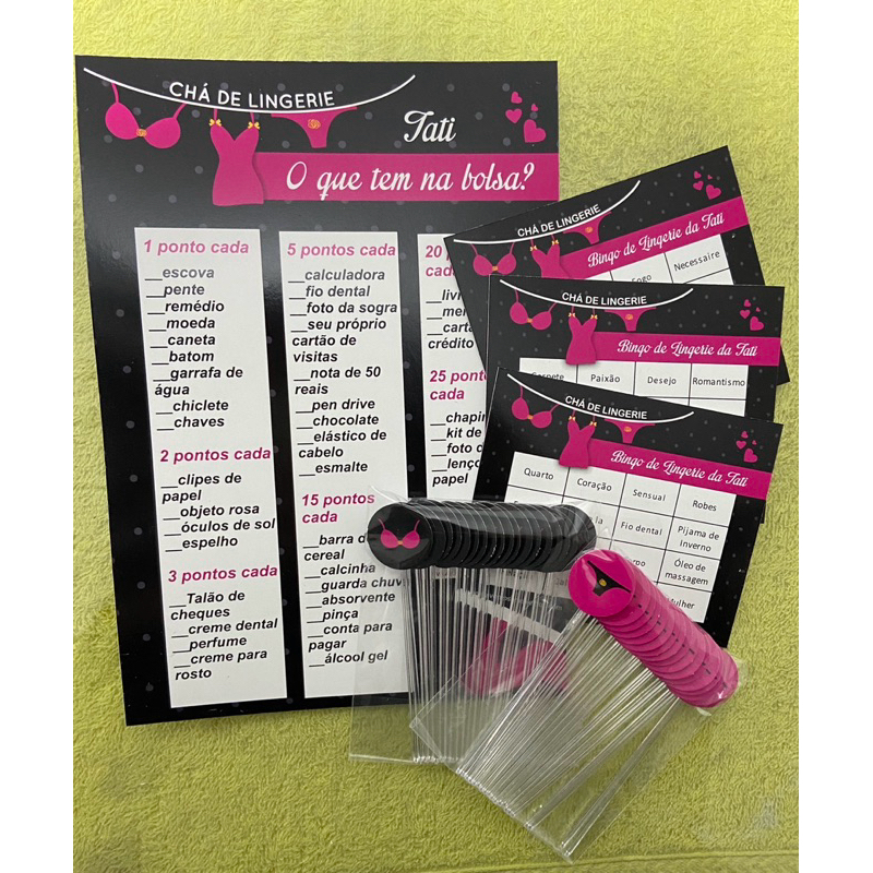 Kit de Brincadeiras para Chá de Lingerie O que tem na bolsa Bingo e