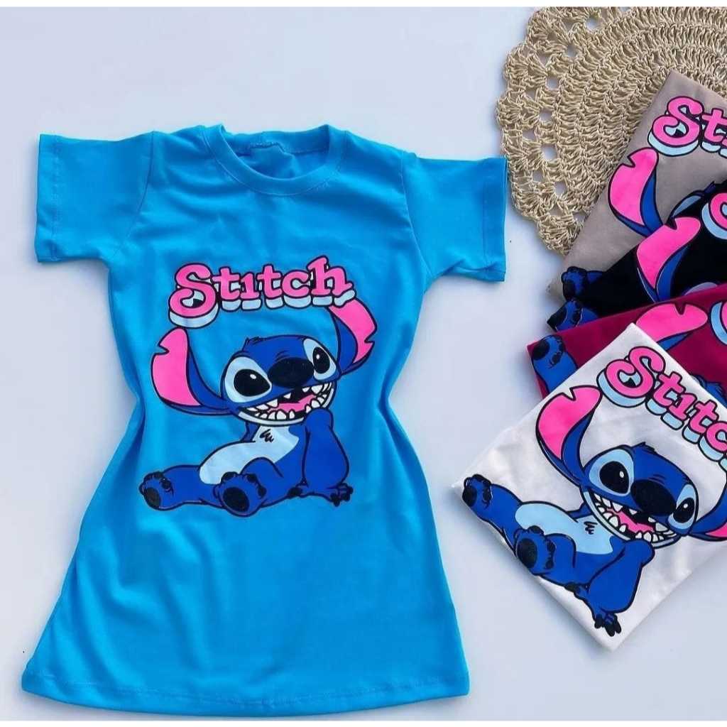 Vestido Camisão Do Stitch Infantil Menina Estilo Blusão Moda Verão