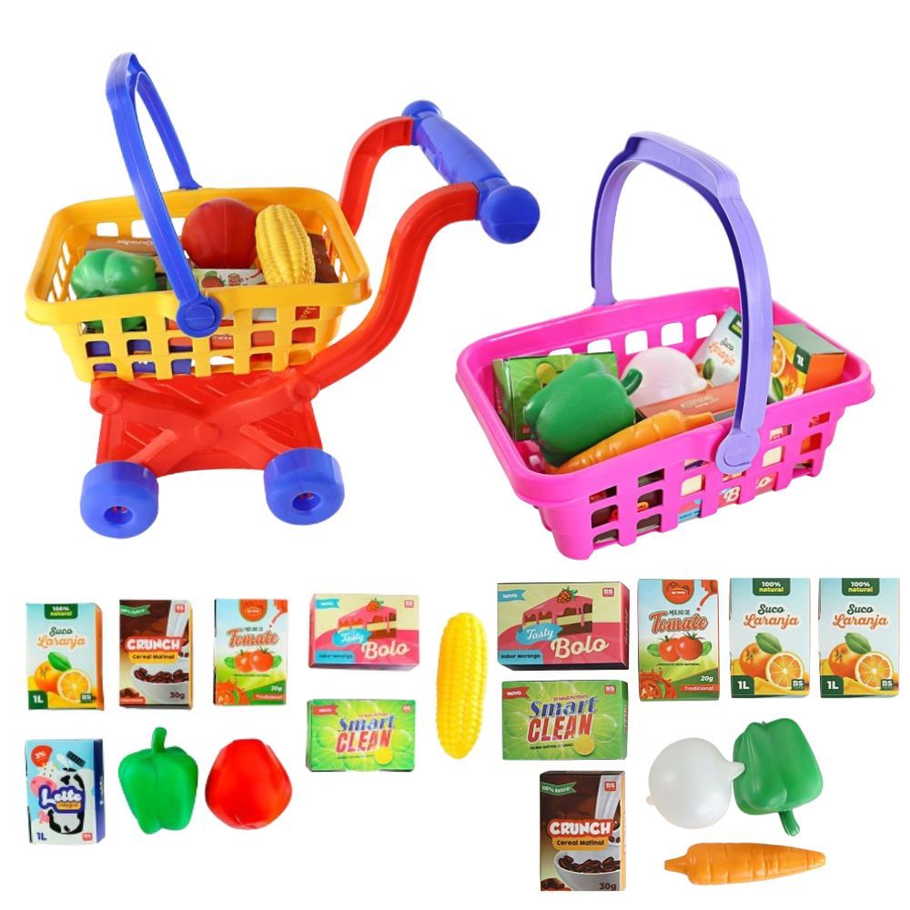 Kit Mercadinho Brinquedo Infantil Carrinho E Cestinha De Compras