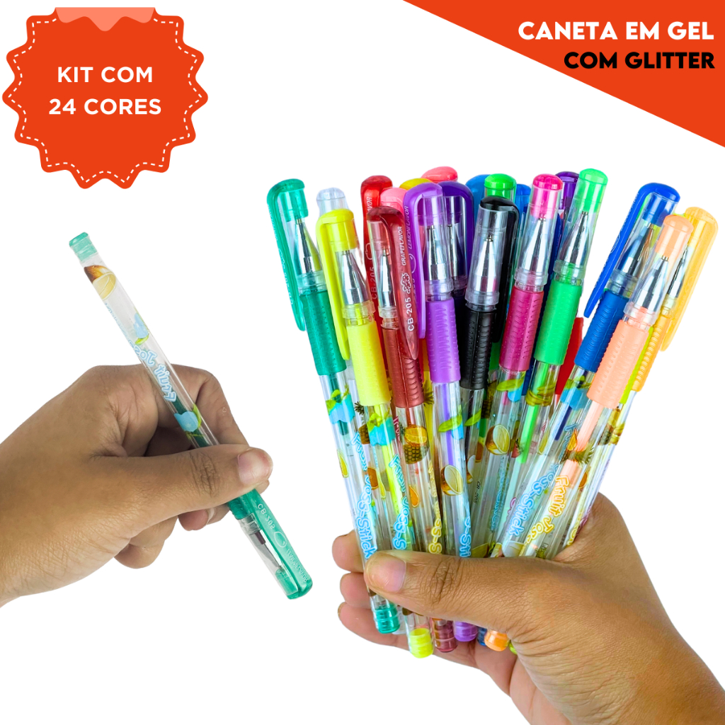 Caneta Gel Kit 24 Cores Glitter Frutas Coloridas Perfumadas