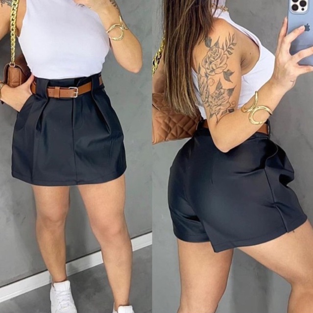 Short Saia Courino Plus Size Cintura Alta G1 G2 Shopee Brasil