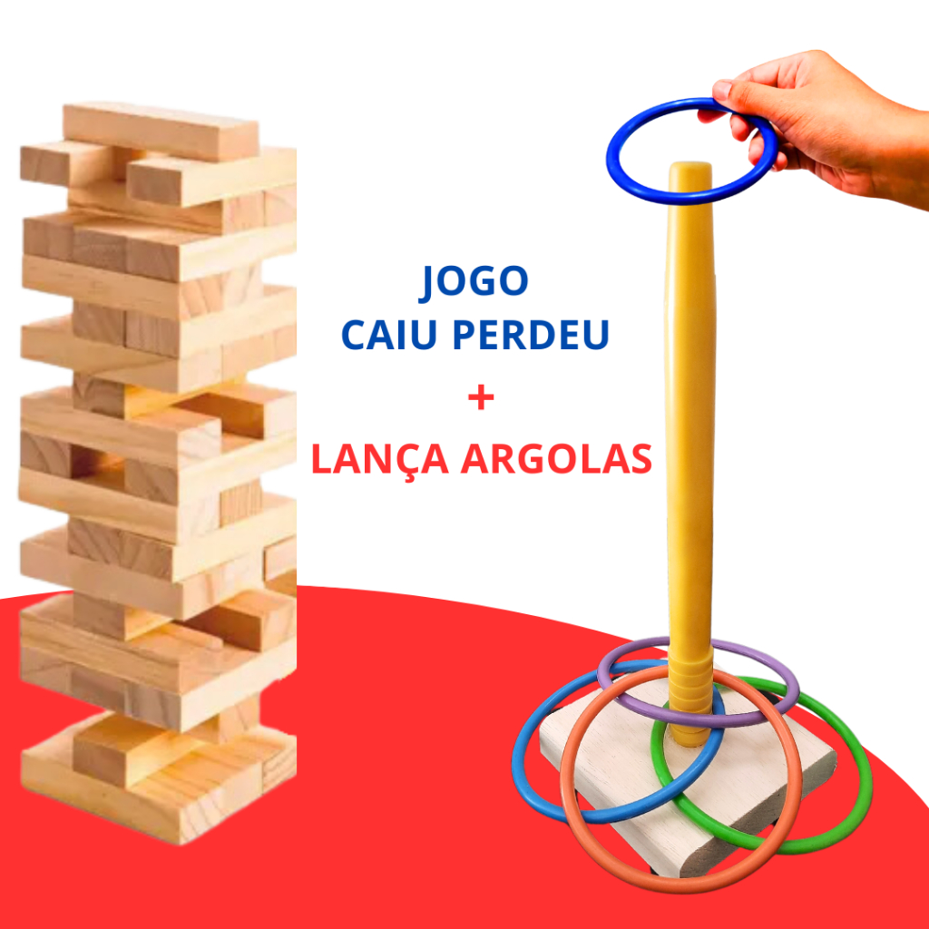 Kit Jogo Caiu Perdeu Torre Maluca Madeira Lança Argolas Colorido