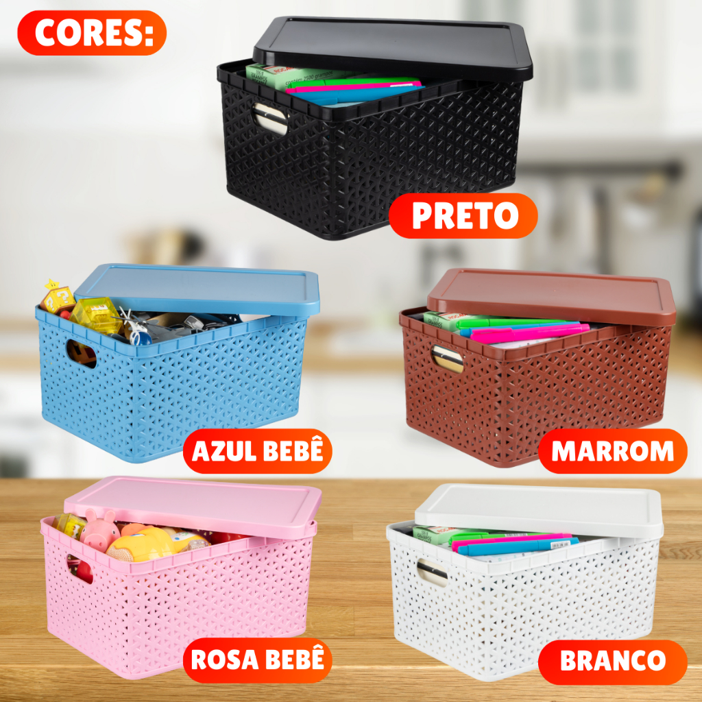 Kit Cesto Caixa Organizadora Rattan Tampa Litros Preto