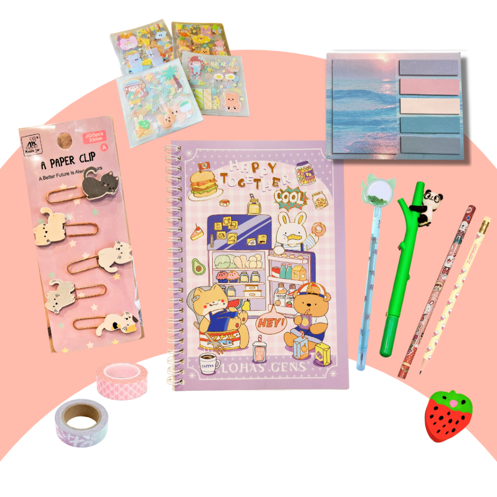 Kit Papelaria Kawaii Itens Fofos Caderno Caneta Adesivo Washi Tape