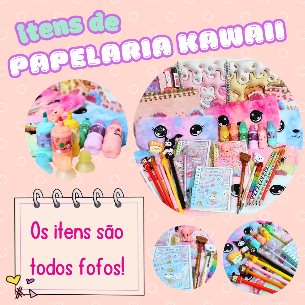 Kit Papelaria Kawaii 30 Itens VIP Luxo Fofos Planner Caderno Lápis