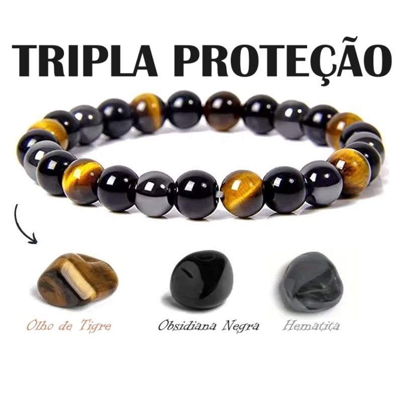 Pulseira Unissex Tripla Prote O Pedra Natural Olho De Tigre Obsidiana