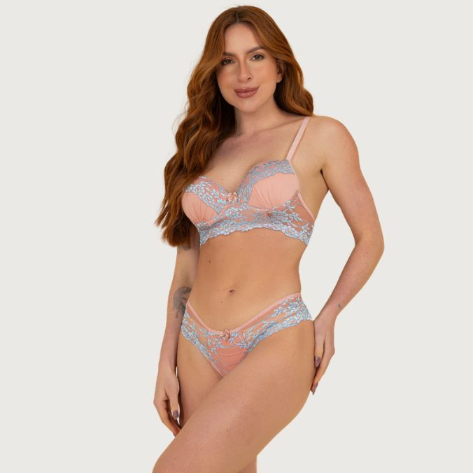 Conjunto Lingerie Rendado Bicolor Calcinha Fio Moda Íntima