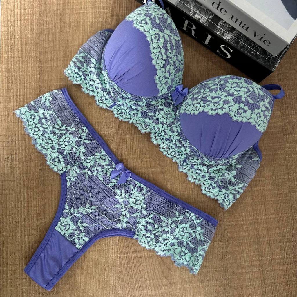 Conjunto Lingerie Rendado Bicolor Calcinha Fio Moda Ntima