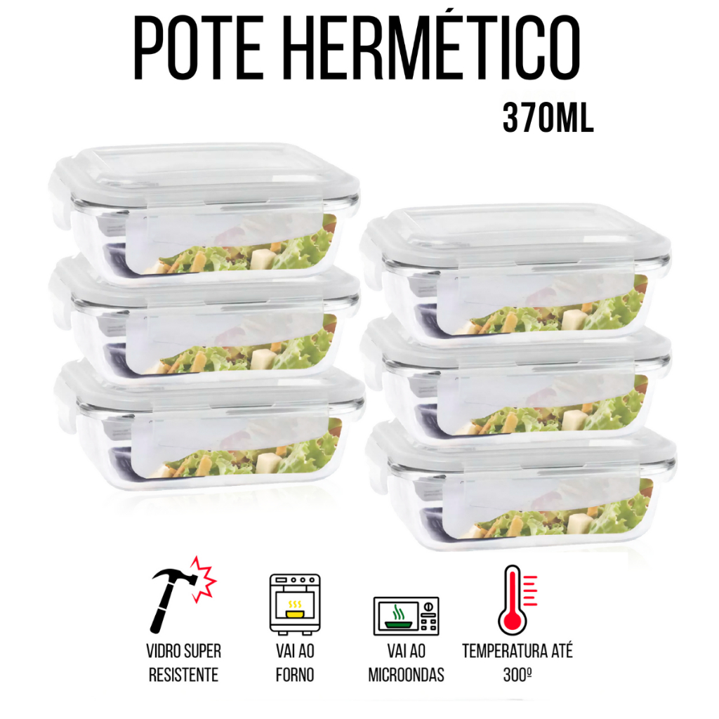 Conjunto 5 Potes Vidro Hermético Mantimentos Marmita 370ml 4 Travas