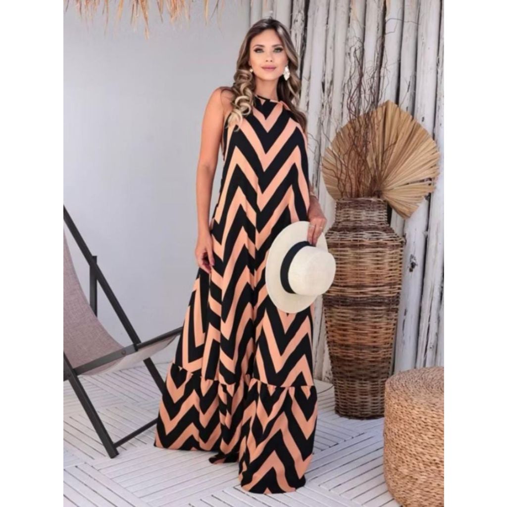 Vestido Longo Estampa Zig Zag Bojo Costas Nua Tend Ncia Feminina