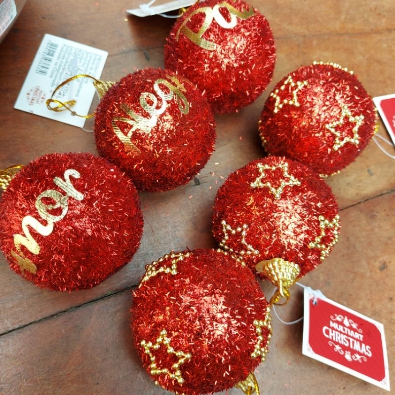 Kit 6 Bolas de Natal Vermelhas para Árvore Decoradas estrelas e