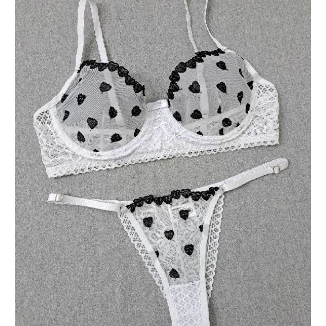 Conjunto Lingerie Sutiã Meia Taça Tule Bordado e Tanga Fio Shopee Brasil