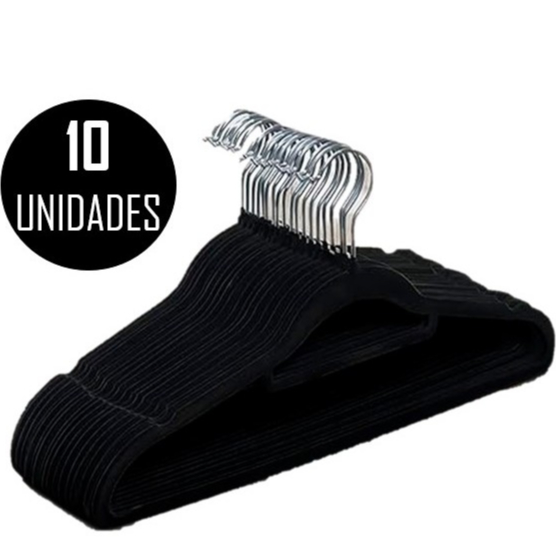 Kit 10 Cabides De Veludo Preto Para Roupa Adulto Slim Ultrafino