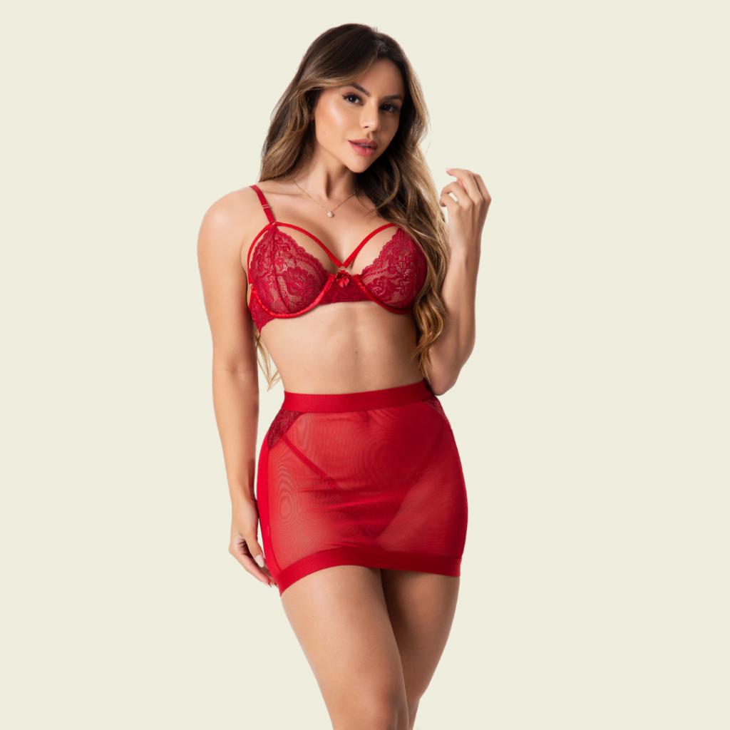 Conjunto Lingerie Trio Sexy Aro Acompanha Saia Tule Removível