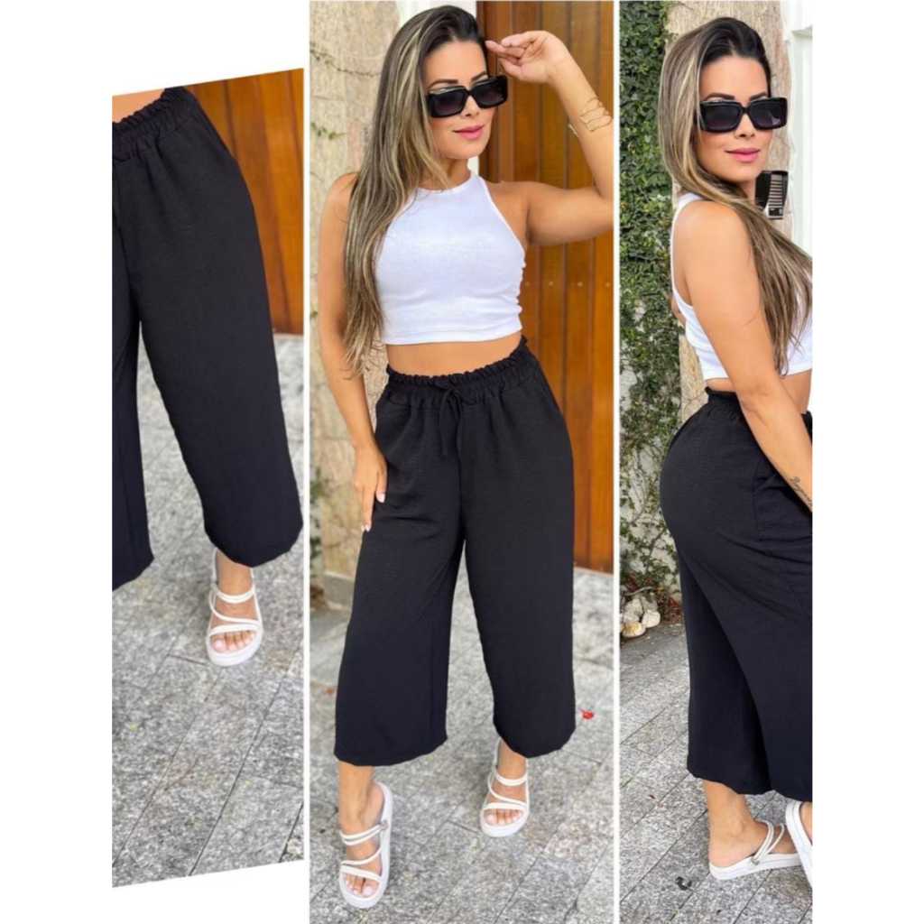 Calça Pantalona Pantacurt Feminina Cintura Alta Bolso Elástico