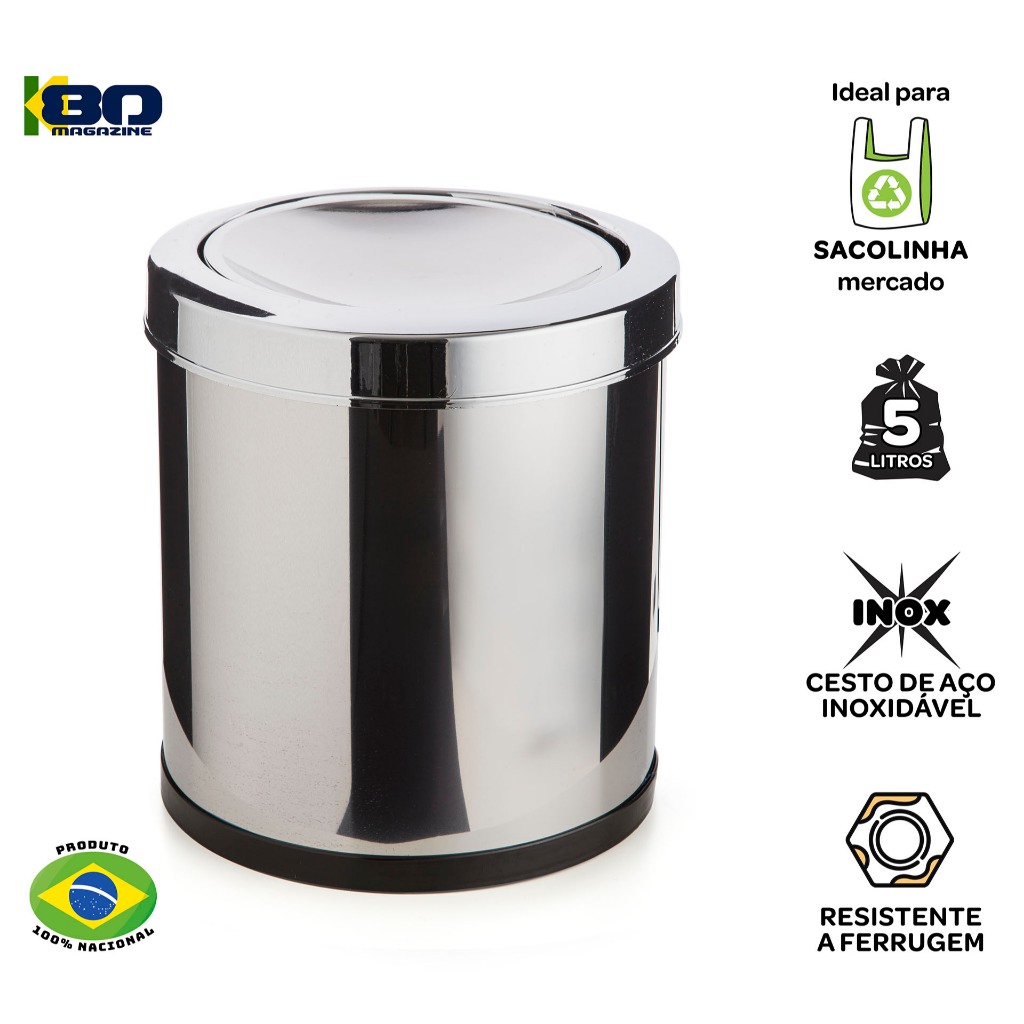 Lixeira Inox Tampa Basculante 5 Litros Não Enferruja Cozinha Banheiro