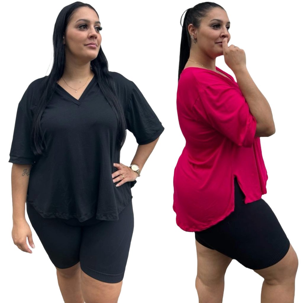 Kit Blusas Plus Size Tapa Bumbum Mullet Gola Em V De Viscolycra