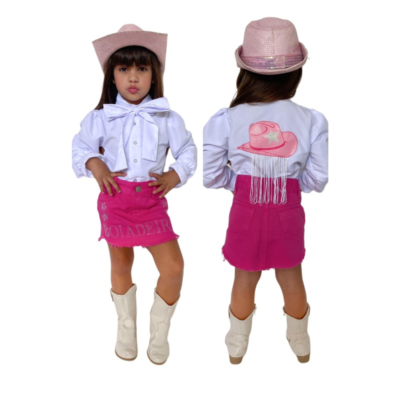 Conjunto Infantil Boiadeira Ana Castela Roupa Rosa Saia Jeans Camisa