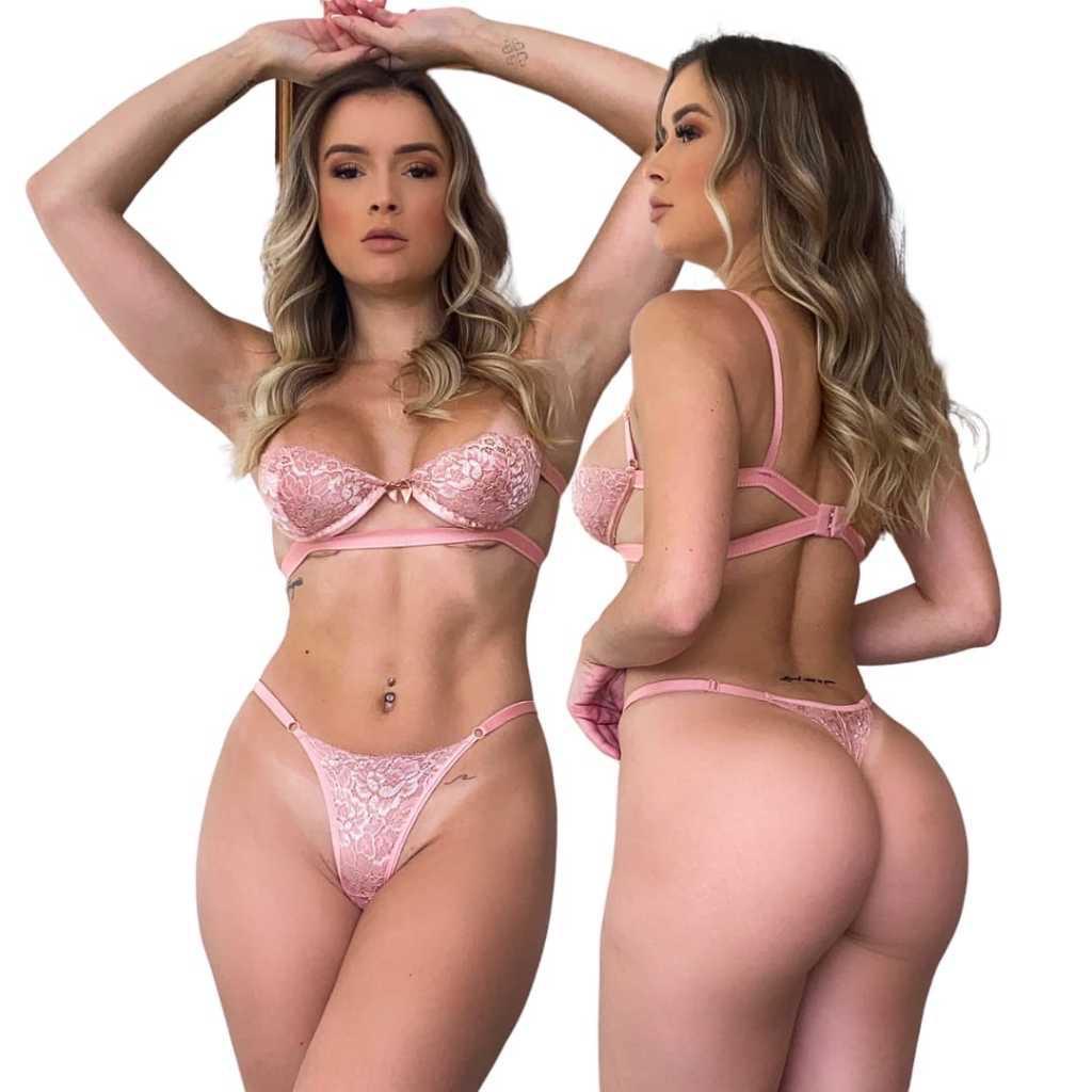 Conjunto Lingerie Sexy Gringa Calcinha E Suti Meia Ta A De Renda