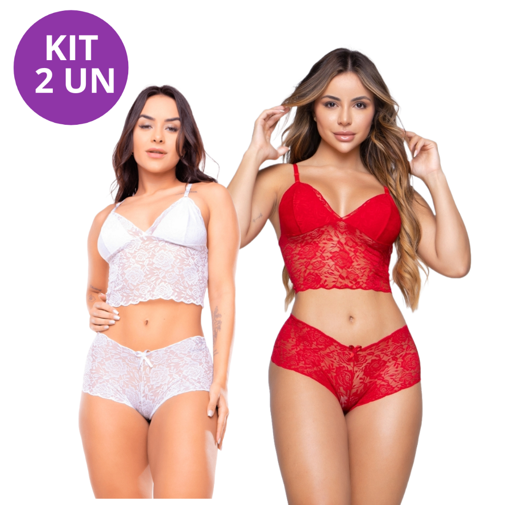 Kit 2 Conjuntos Lingerie Feminino de Renda Caleçon e Sutiã Sem Bojo