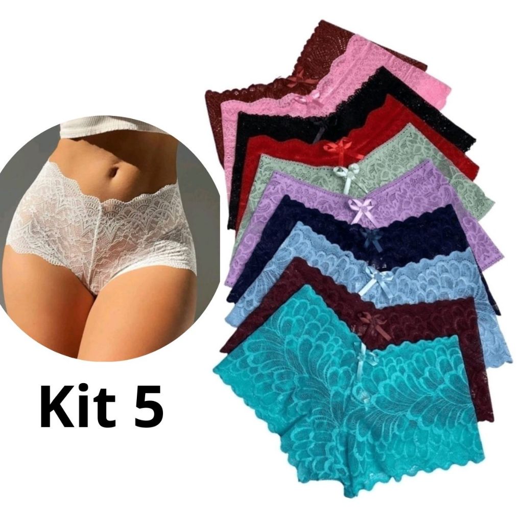 Kit 5 Calcinha Caleçon Shortinho de Renda Lingerie Sensual Confortável